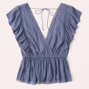 Abercrombie & Fitch Tie Back Lace Trim Top - blue - size L